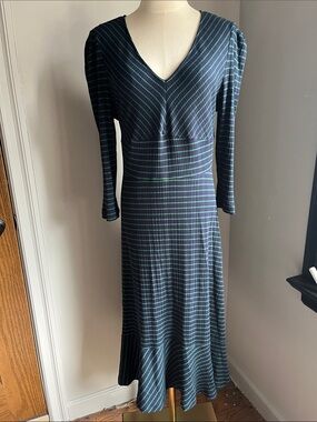 NWT Maeve Navy and Green Striped V-Neck Long Sleeve Midi Dress XL